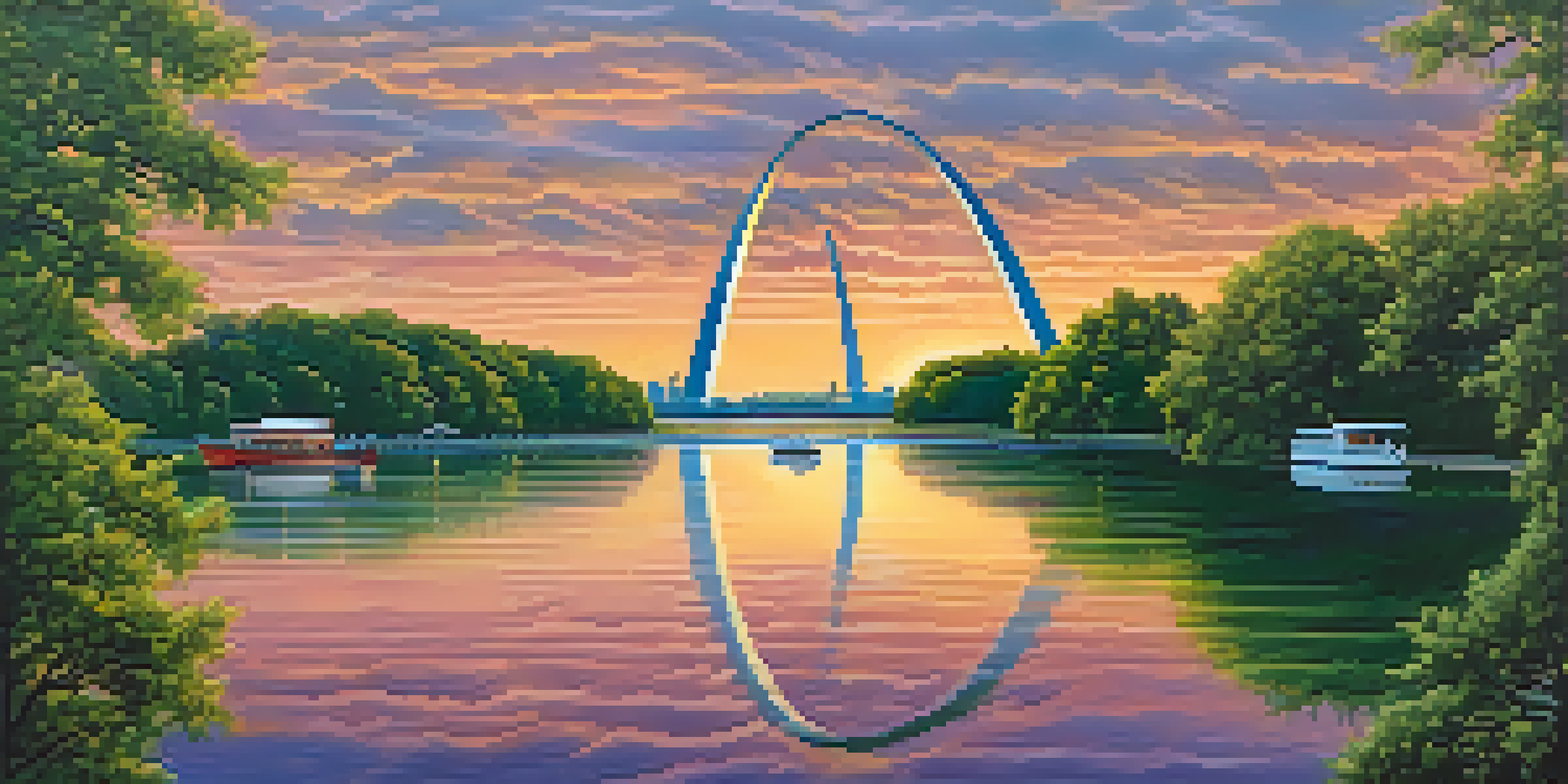 A sunset view of the Gateway Arch with the Mississippi River in the foreground, surrounded by greenery.