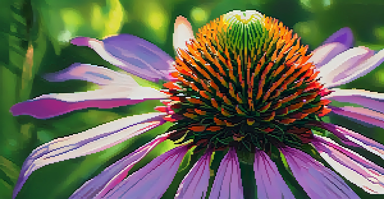 A close-up of a Purple Coneflower in Missouri, displaying its vibrant petals and center with soft sunlight filtering through leaves.