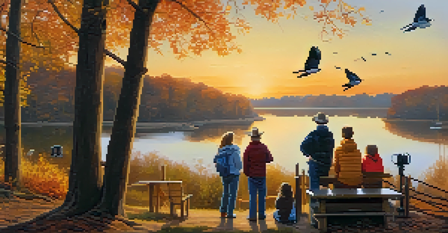 A family observing songbirds in Mark Twain State Park during autumn, with colorful trees and a warm sunset.