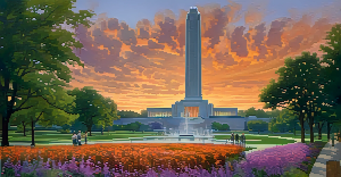 A panoramic view of the National World War I Museum at sunset, showcasing the Liberty Memorial and visitors in a landscaped area.