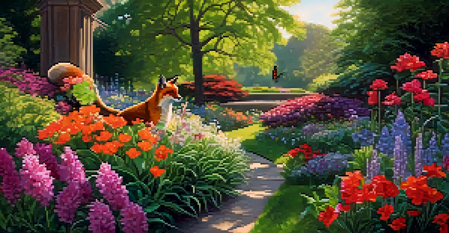 A butterfly and a red fox in the Missouri Botanical Garden, surrounded by blooming flowers and greenery.