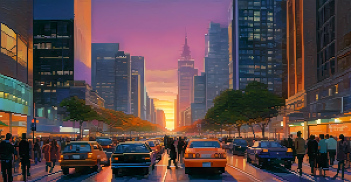 A panoramic view of a city at dusk with illuminated skyscrapers and a vibrant sunset sky.