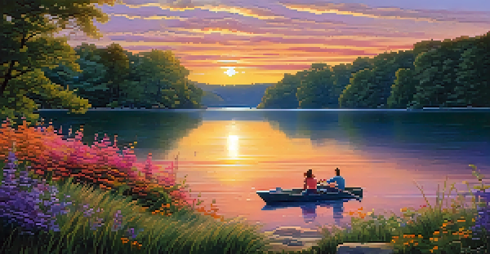 A picturesque sunset over Lake of the Ozarks with a family having a picnic on the shore.