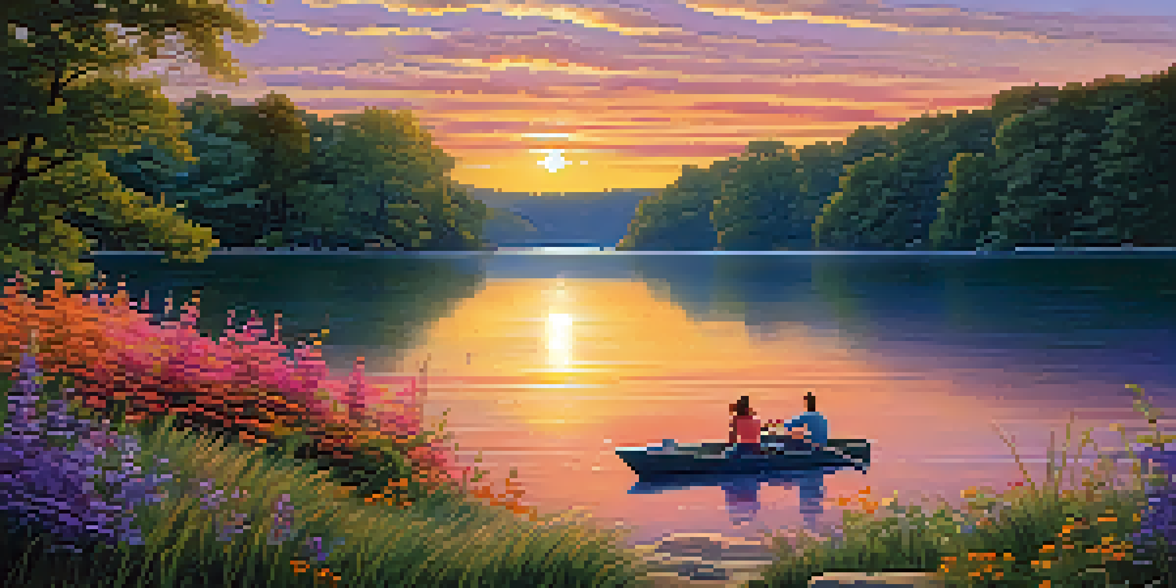 A picturesque sunset over Lake of the Ozarks with a family having a picnic on the shore.