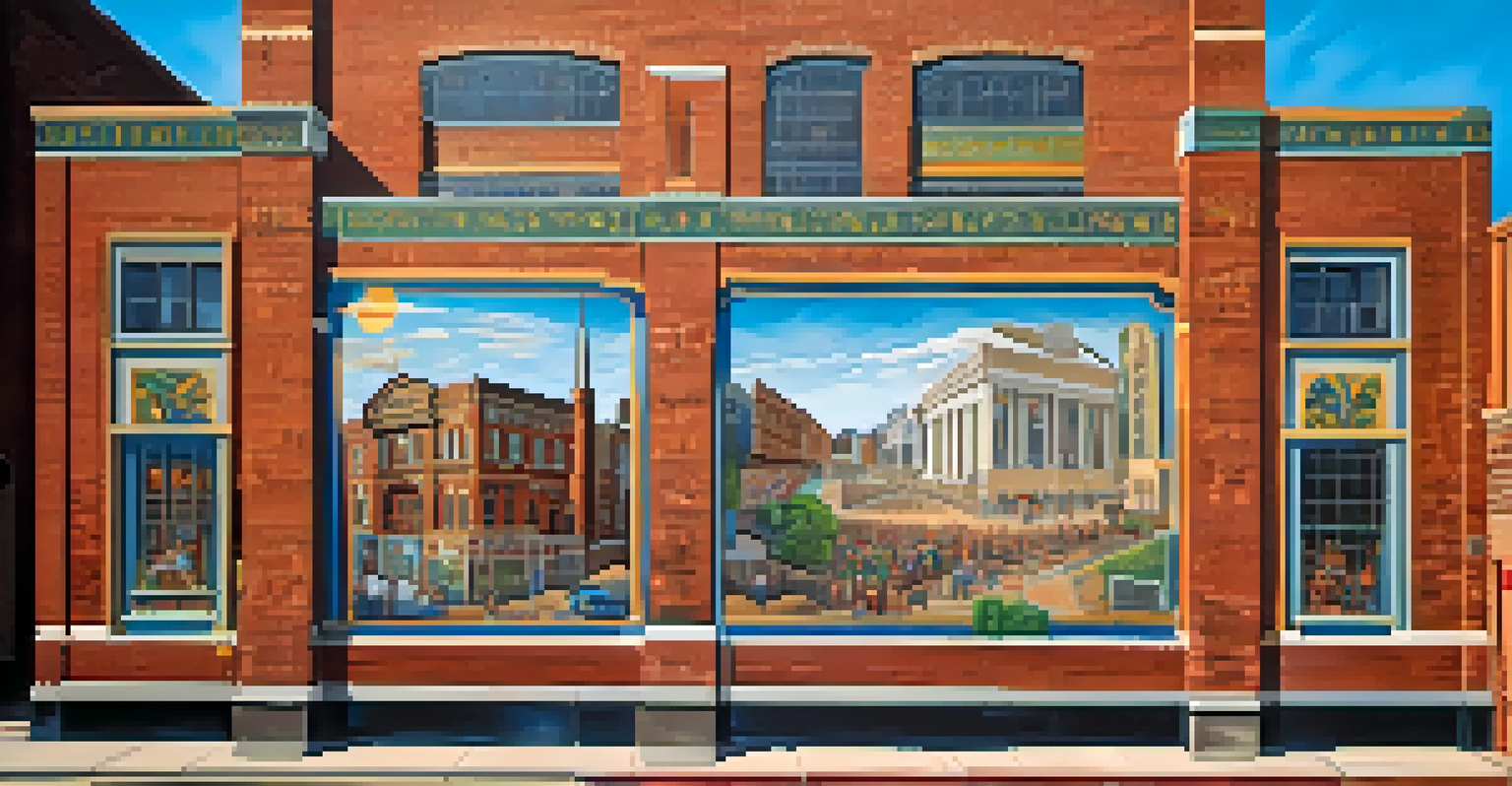 A colorful mural on a brick wall in St. Louis, illustrating the city's history and landmarks with intricate designs and textures.