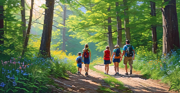 A family hiking together on a vibrant trail with lush trees and flowers in a state park.
