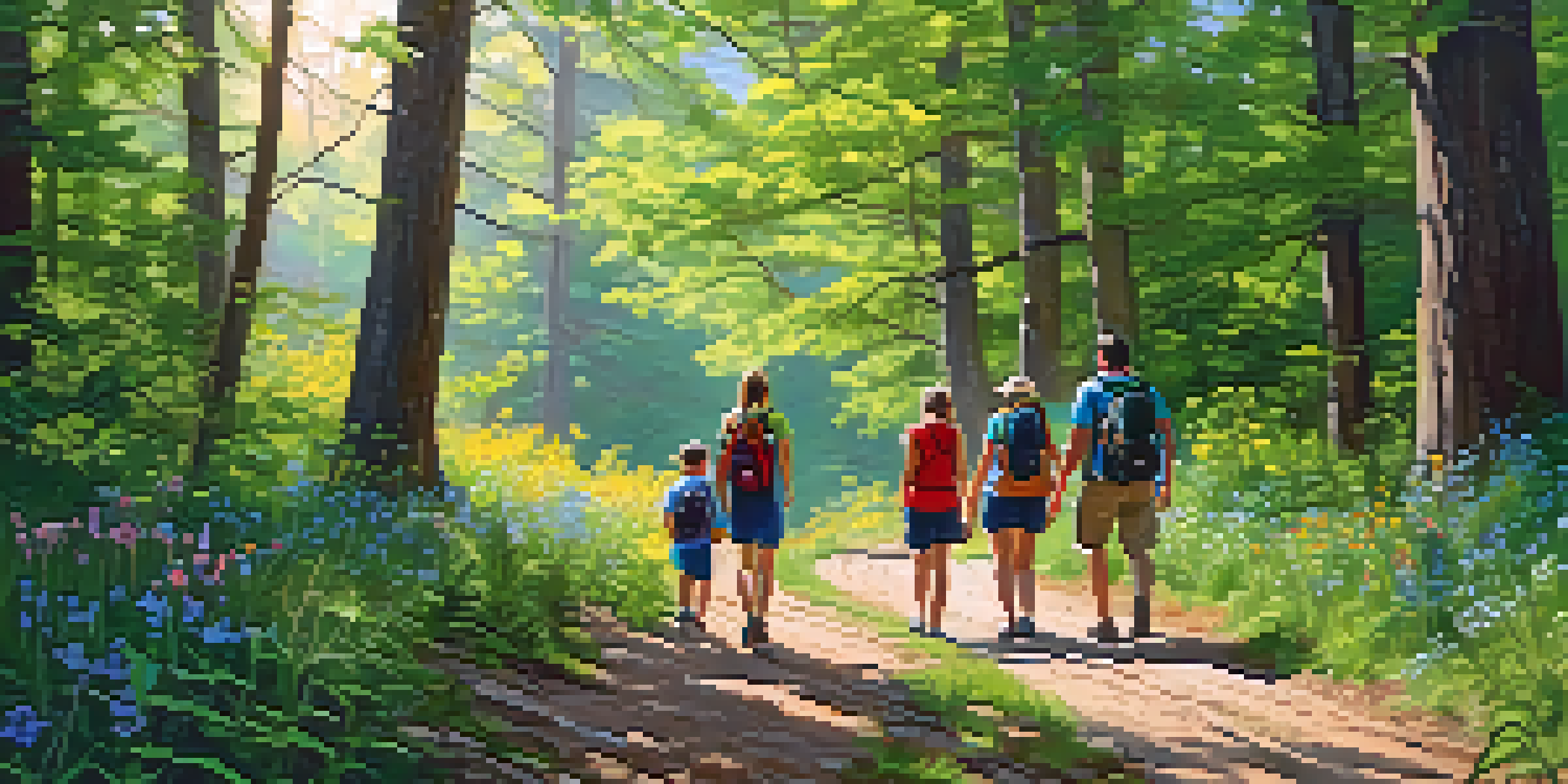 A family hiking together on a vibrant trail with lush trees and flowers in a state park.