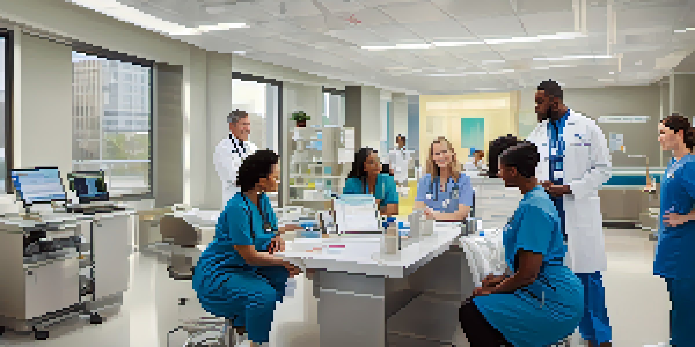 A diverse group of healthcare professionals collaborating in a modern hospital setting, surrounded by medical equipment and charts.