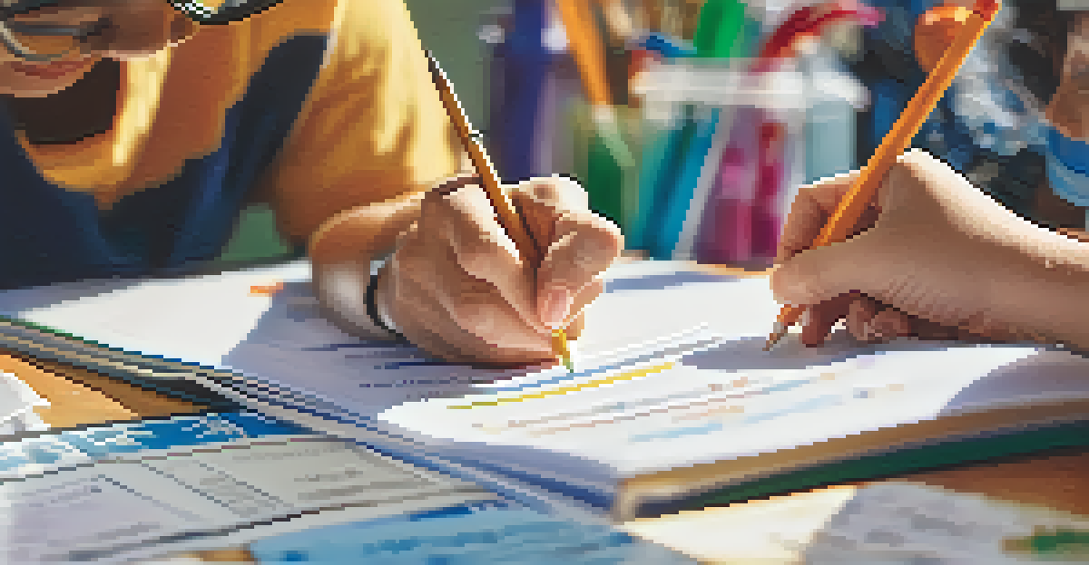 Close-up of hands filling out an Individualized Education Program (IEP) document surrounded by educational materials, representing collaboration in special education.