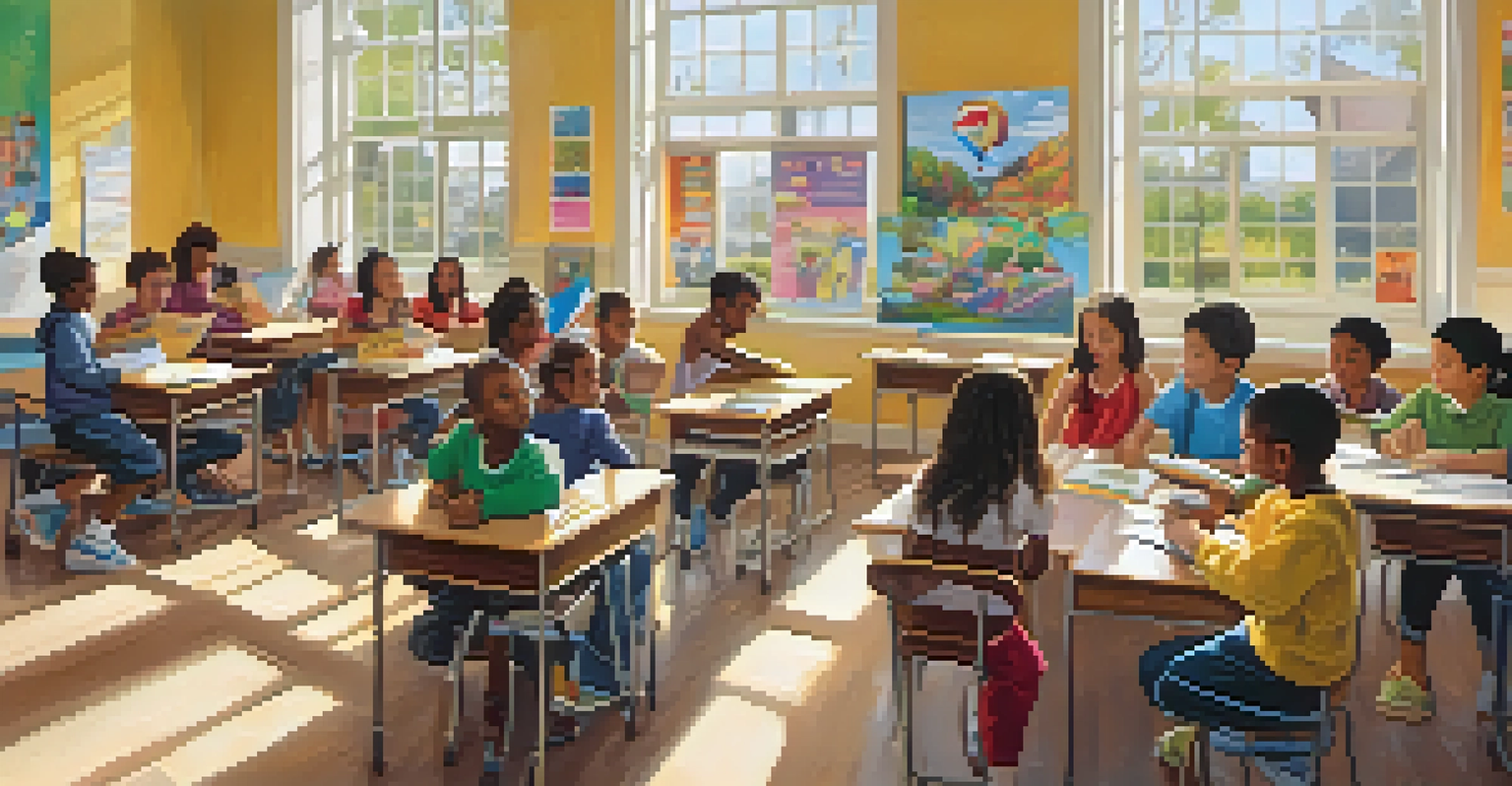 A vibrant classroom with engaged students of various backgrounds learning together.