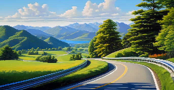 A beautiful highway surrounded by green hills and blue sky, with cars traveling safely.