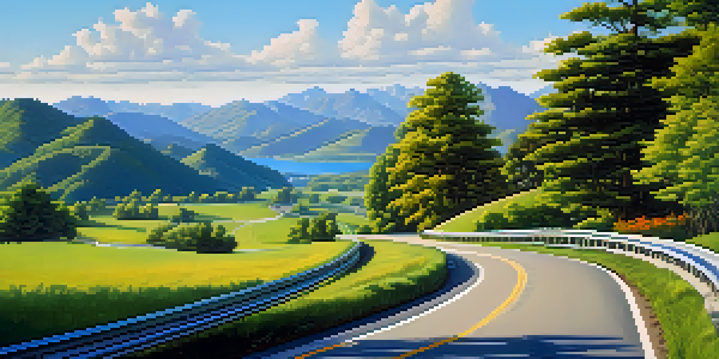 A beautiful highway surrounded by green hills and blue sky, with cars traveling safely.