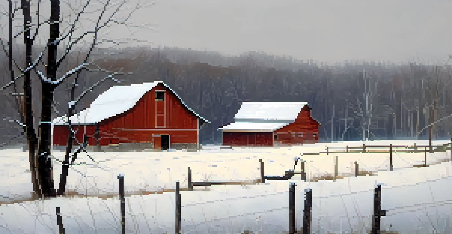 A snowy winter landscape in Missouri featuring a rustic barn and livestock, with trees covered in snow.