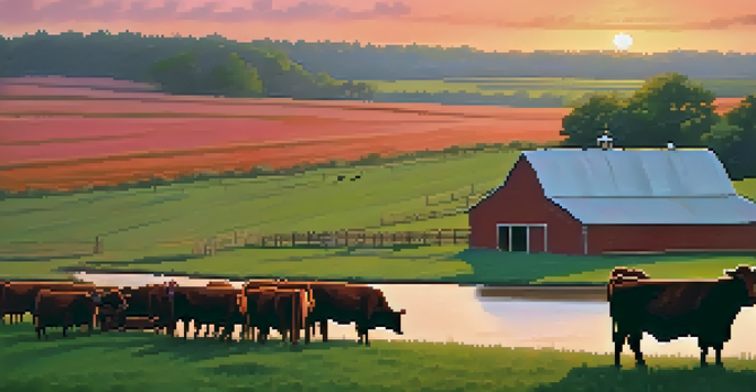 A scenic Missouri cattle farm at sunset with green pastures and beef cattle, featuring a rustic barn and a dirt road.