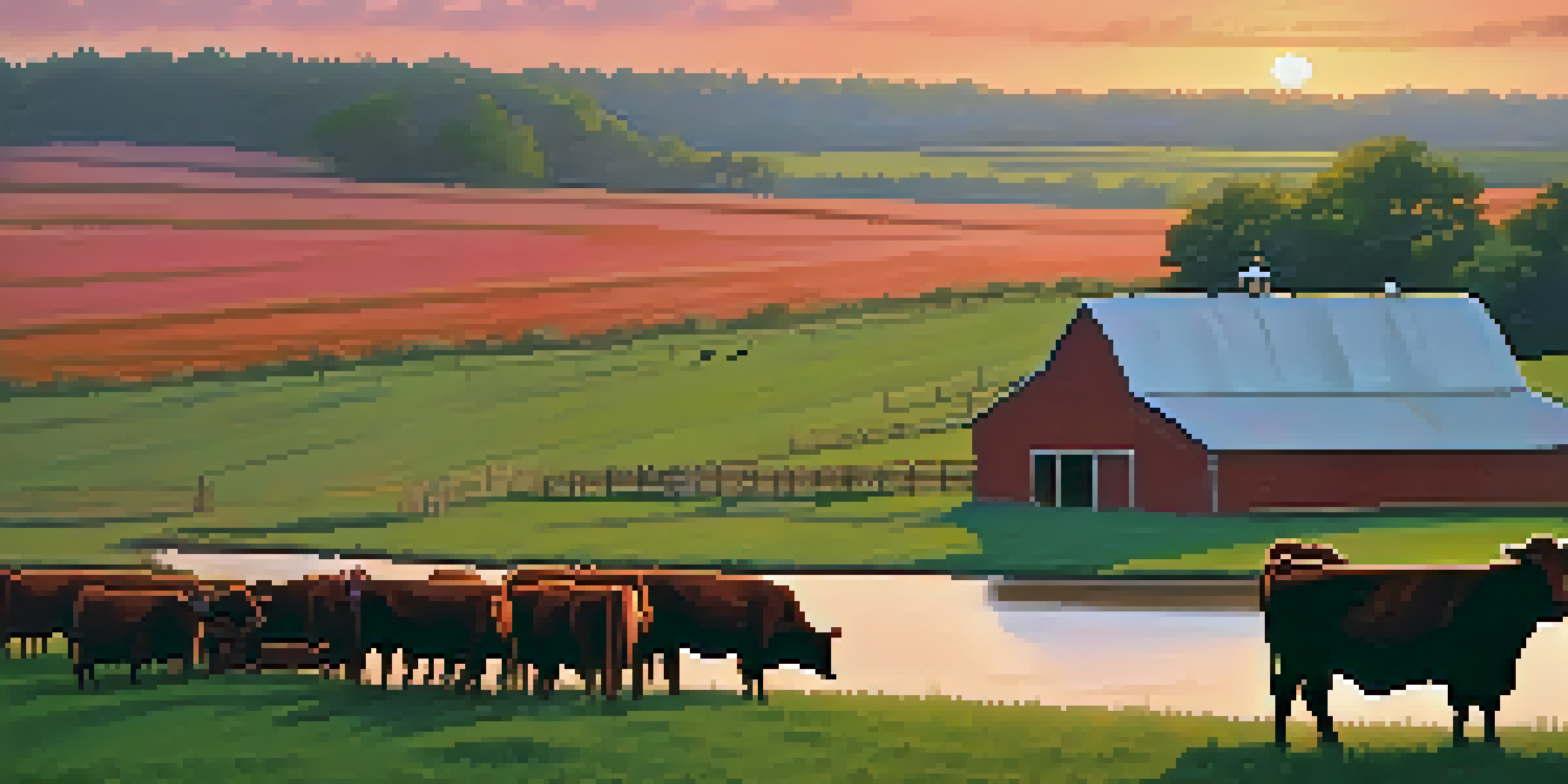 A scenic Missouri cattle farm at sunset with green pastures and beef cattle, featuring a rustic barn and a dirt road.