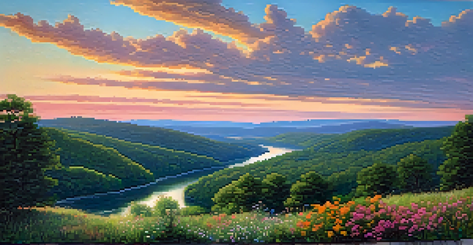 A peaceful sunset view of the Ozark Mountains, featuring rolling hills and a winding river surrounded by green forests and colorful wildflowers.