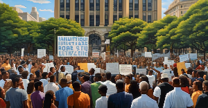 A vibrant protest scene in St. Louis with activists holding signs for civil rights, surrounded by historic buildings and trees.
