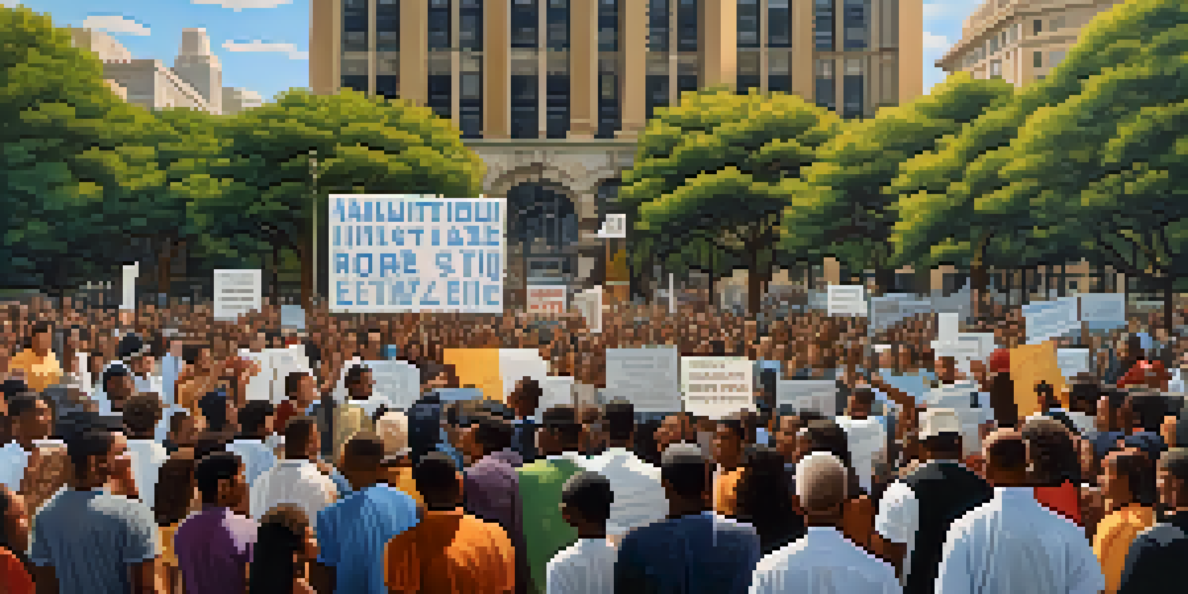 A vibrant protest scene in St. Louis with activists holding signs for civil rights, surrounded by historic buildings and trees.