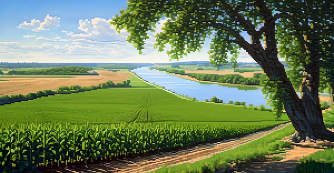 A colorful agricultural landscape in Missouri with green fields of crops and a river, highlighting the fertile alluvial soils.