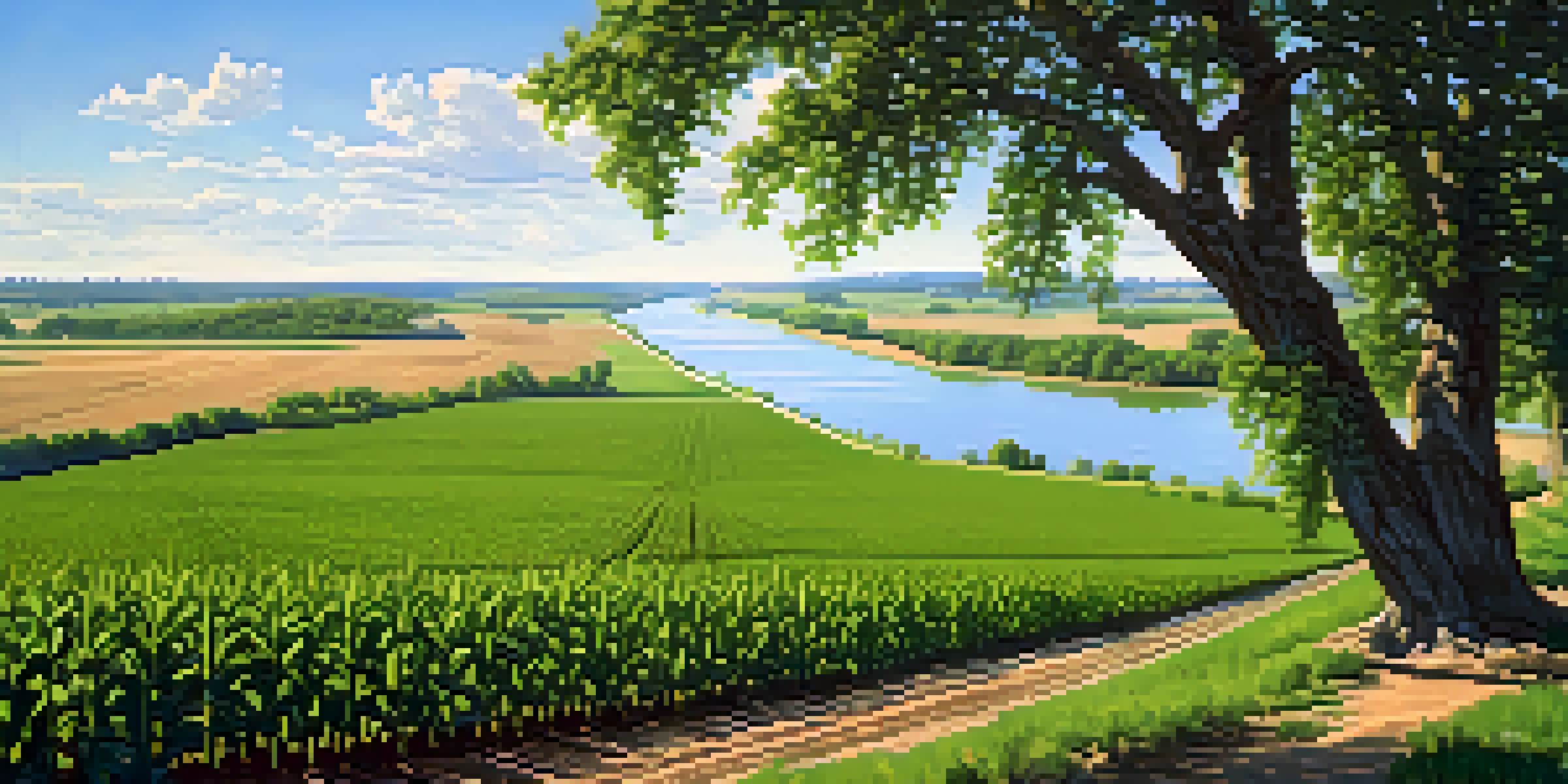 A colorful agricultural landscape in Missouri with green fields of crops and a river, highlighting the fertile alluvial soils.