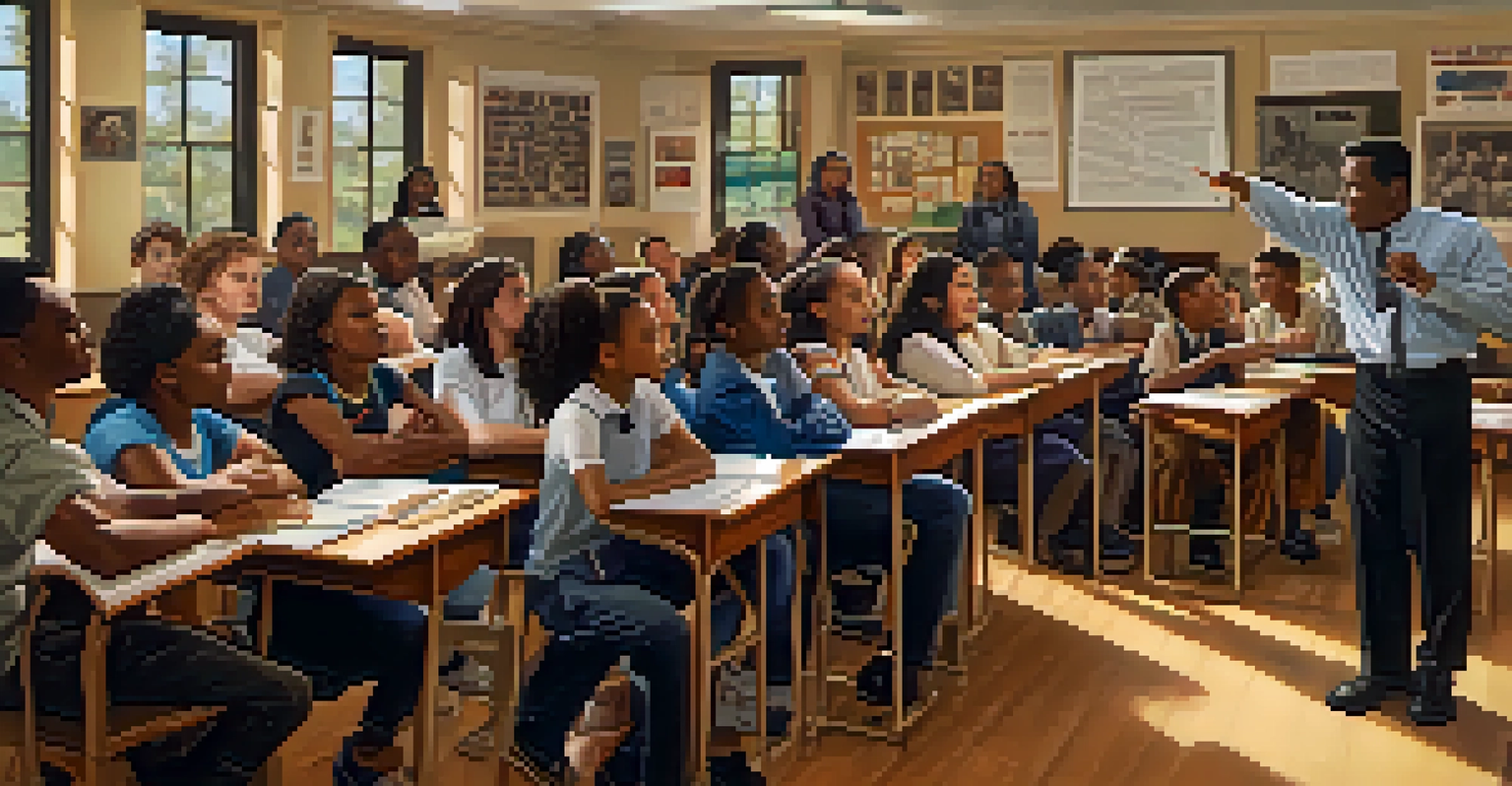 A classroom with diverse students and teachers discussing civil rights, surrounded by historical posters and photographs.