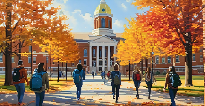 A busy college campus in Missouri with students walking among historic buildings surrounded by autumn foliage.