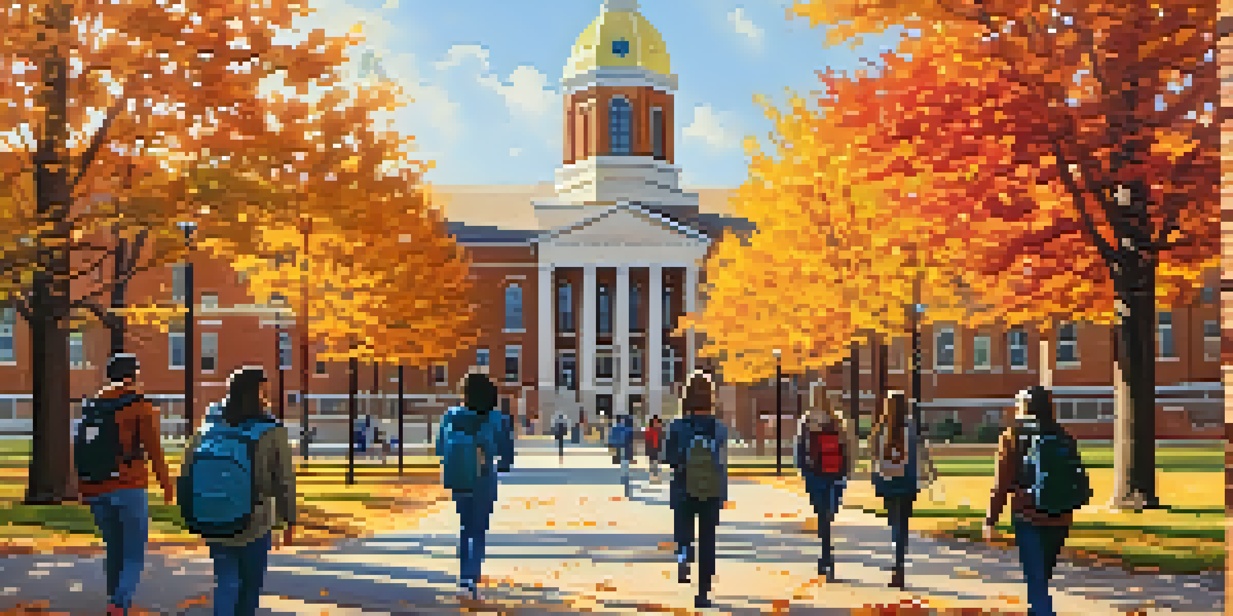A busy college campus in Missouri with students walking among historic buildings surrounded by autumn foliage.