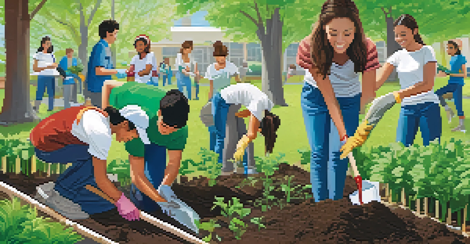 High school students planting trees in a park, showcasing teamwork and community involvement under a clear blue sky.