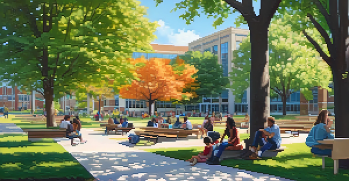 A lively campus scene at a community college with students studying outdoors surrounded by trees and flowers.