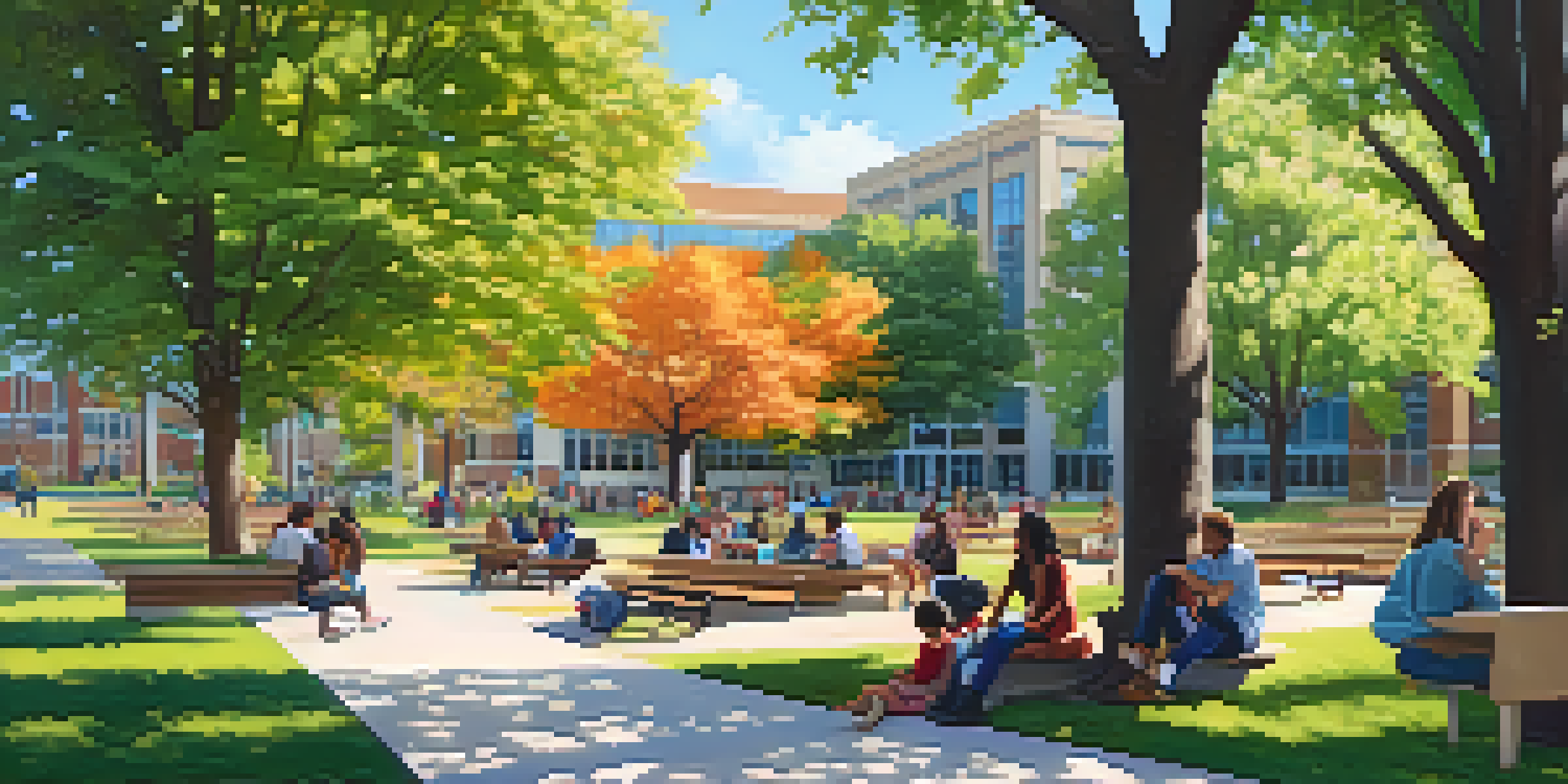 A lively campus scene at a community college with students studying outdoors surrounded by trees and flowers.