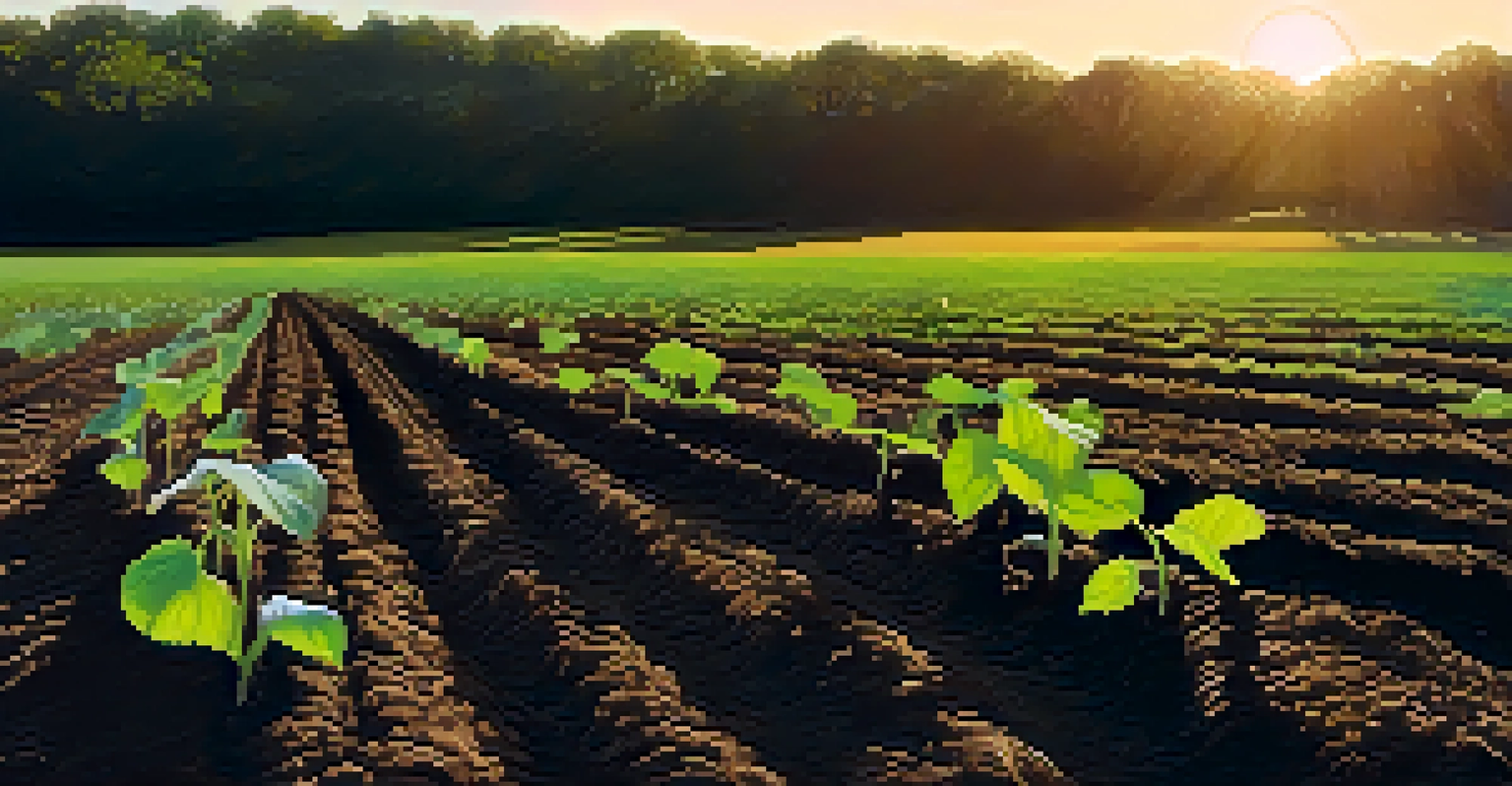 A close-up of rich loamy soil in a farmer's hands, with visible roots and earthworms, and crops like wheat and sunflowers in the background.