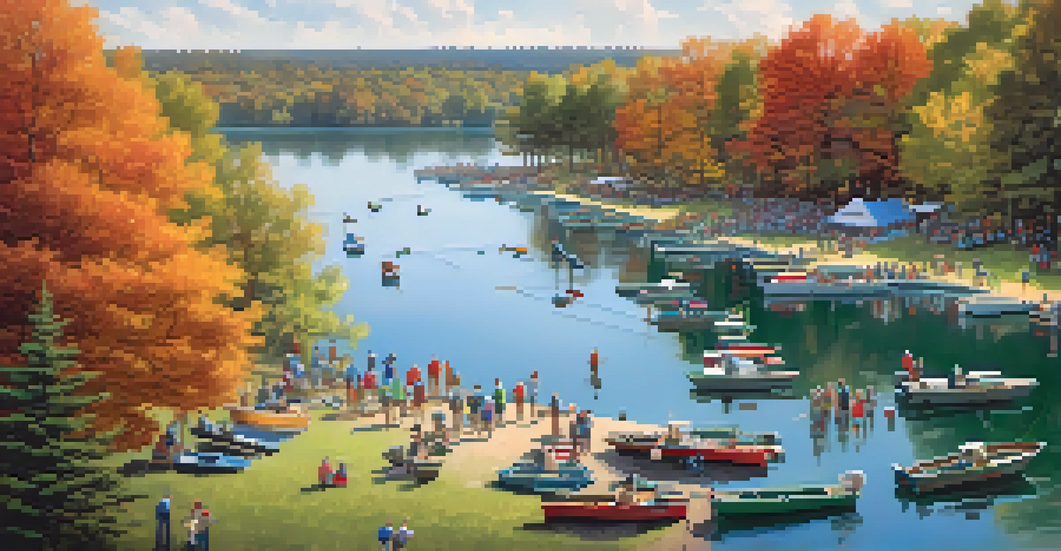 Aerial view of a fishing tournament on a Missouri lake with colorful boats and spectators.