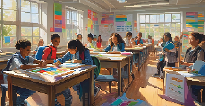 A lively classroom with students of different backgrounds collaborating on a STEM project, with a teacher guiding them.