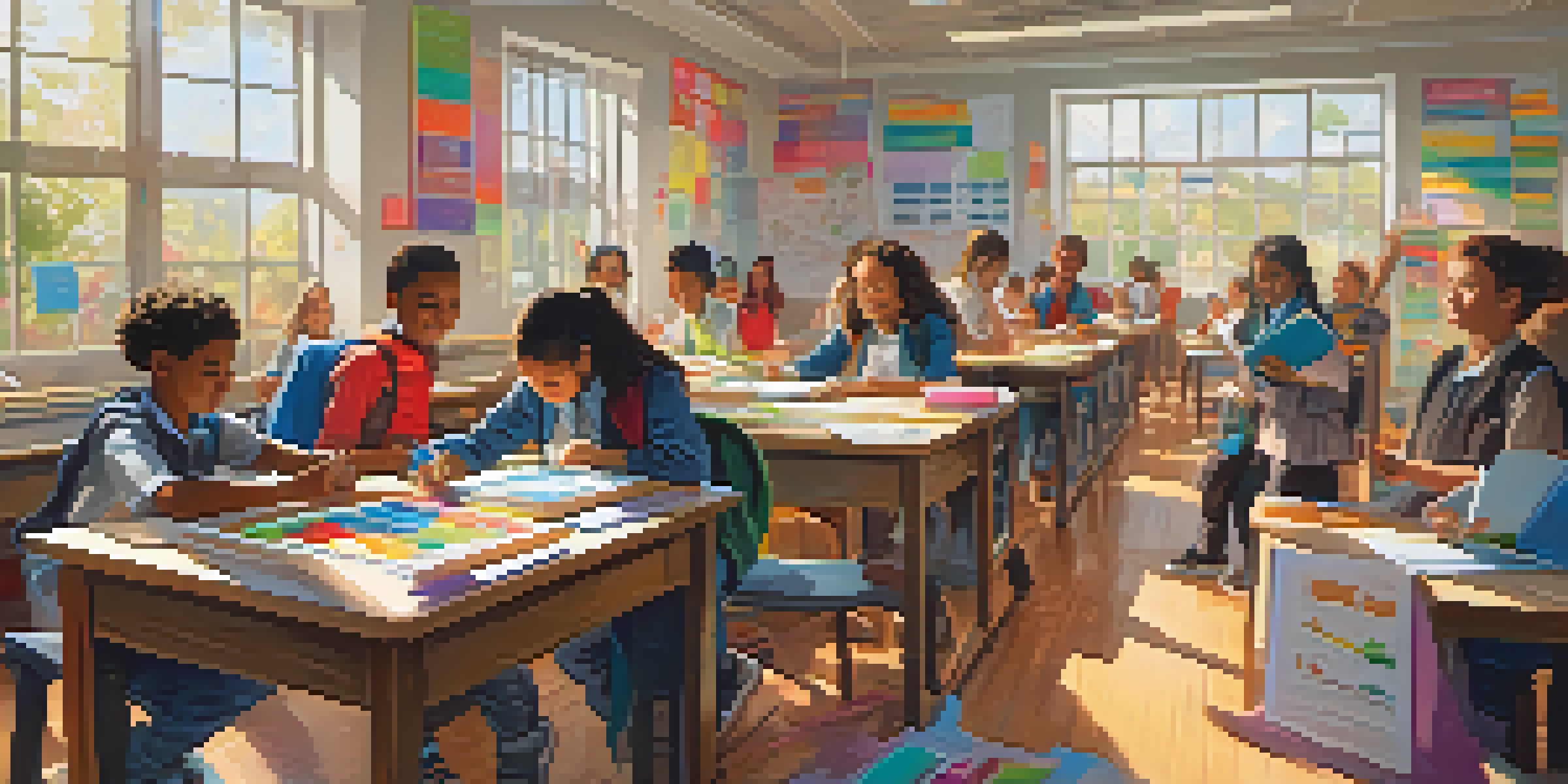 A lively classroom with students of different backgrounds collaborating on a STEM project, with a teacher guiding them.