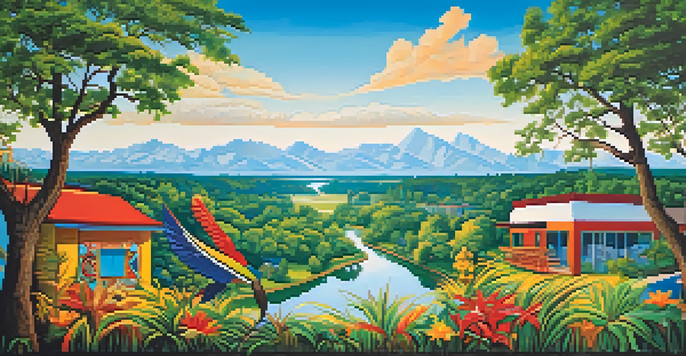 A colorful mural illustrating Missouri's artistic history, with traditional motifs and modern art elements against a blue sky.