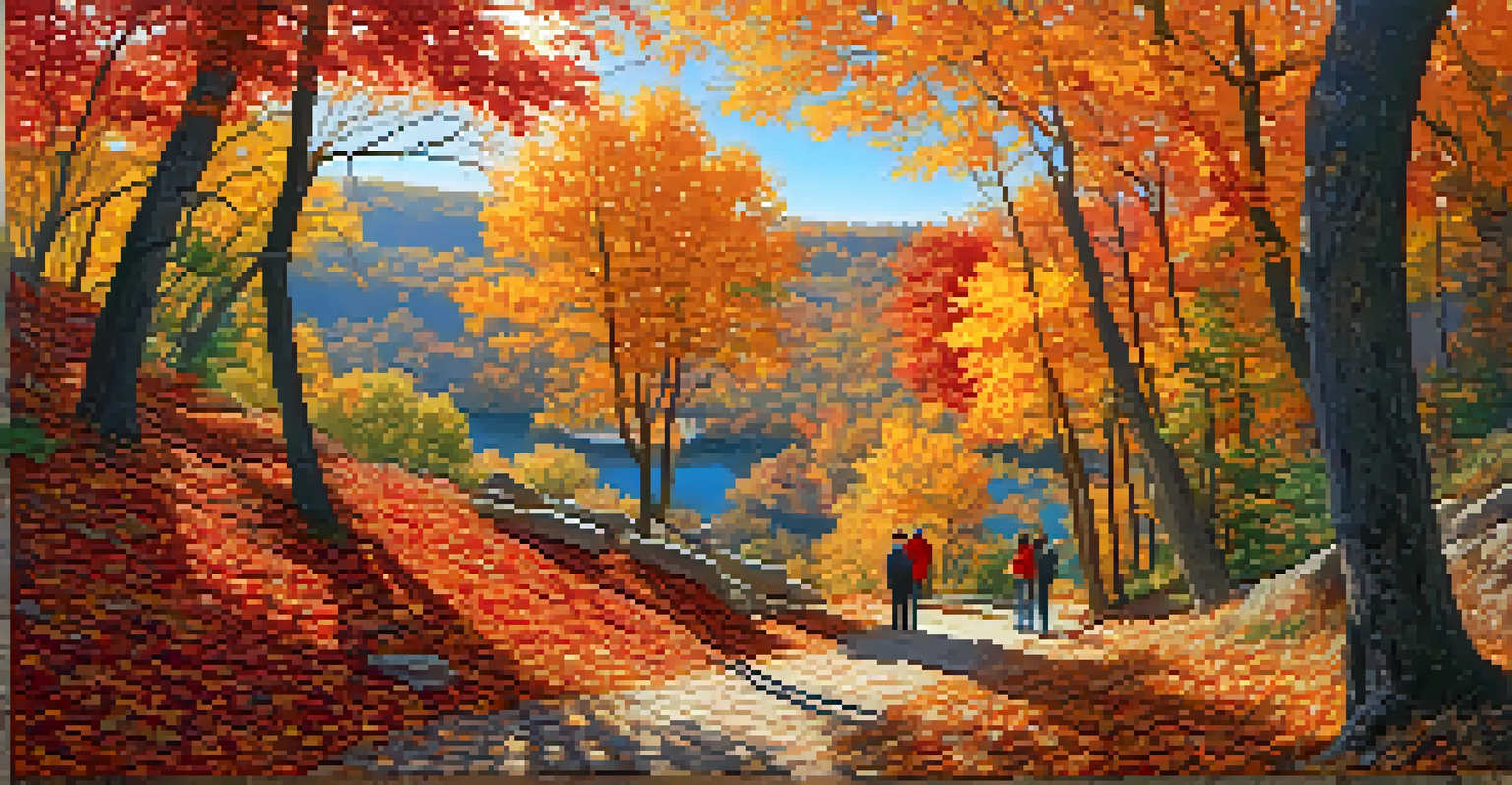 A couple taking photos on a colorful autumn trail surrounded by vibrant fall foliage.