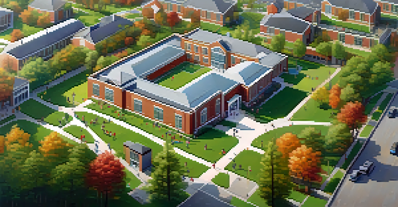 An aerial view of a modern suburban school with children playing outside, surrounded by green fields.