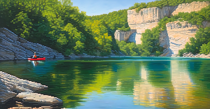 A kayaker paddles in clear water at Ha Ha Tonka State Park with green bluffs and a blue sky in the background.