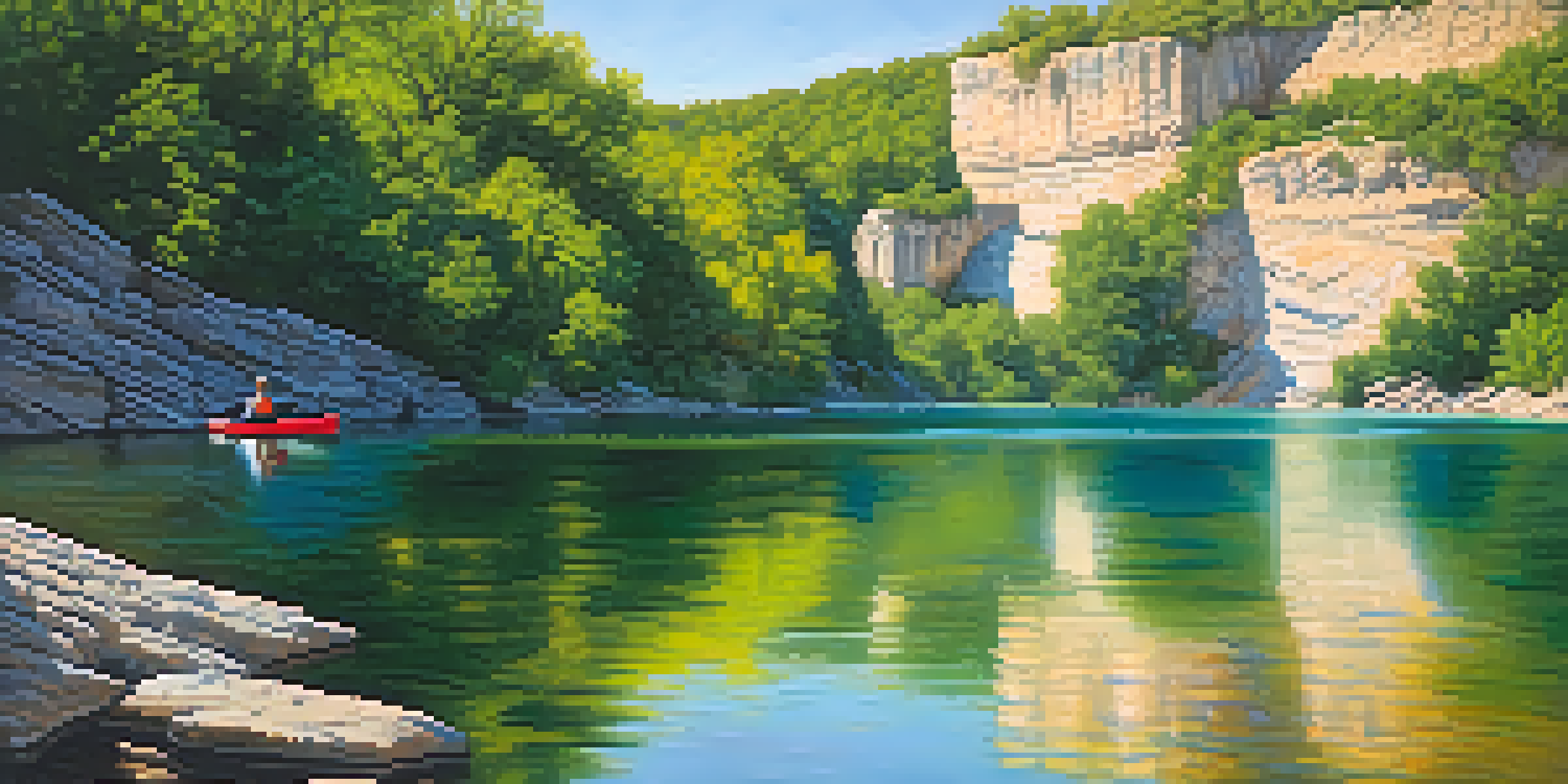 A kayaker paddles in clear water at Ha Ha Tonka State Park with green bluffs and a blue sky in the background.