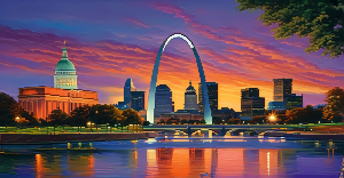 A sunset view of the Gateway Arch in St. Louis, reflecting in the river, with vibrant colors in the sky and people in the park.