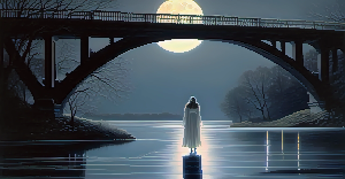 A ghostly woman in white stands at the Gasconade River Bridge at night, surrounded by mist with the moonlight illuminating the bridge.