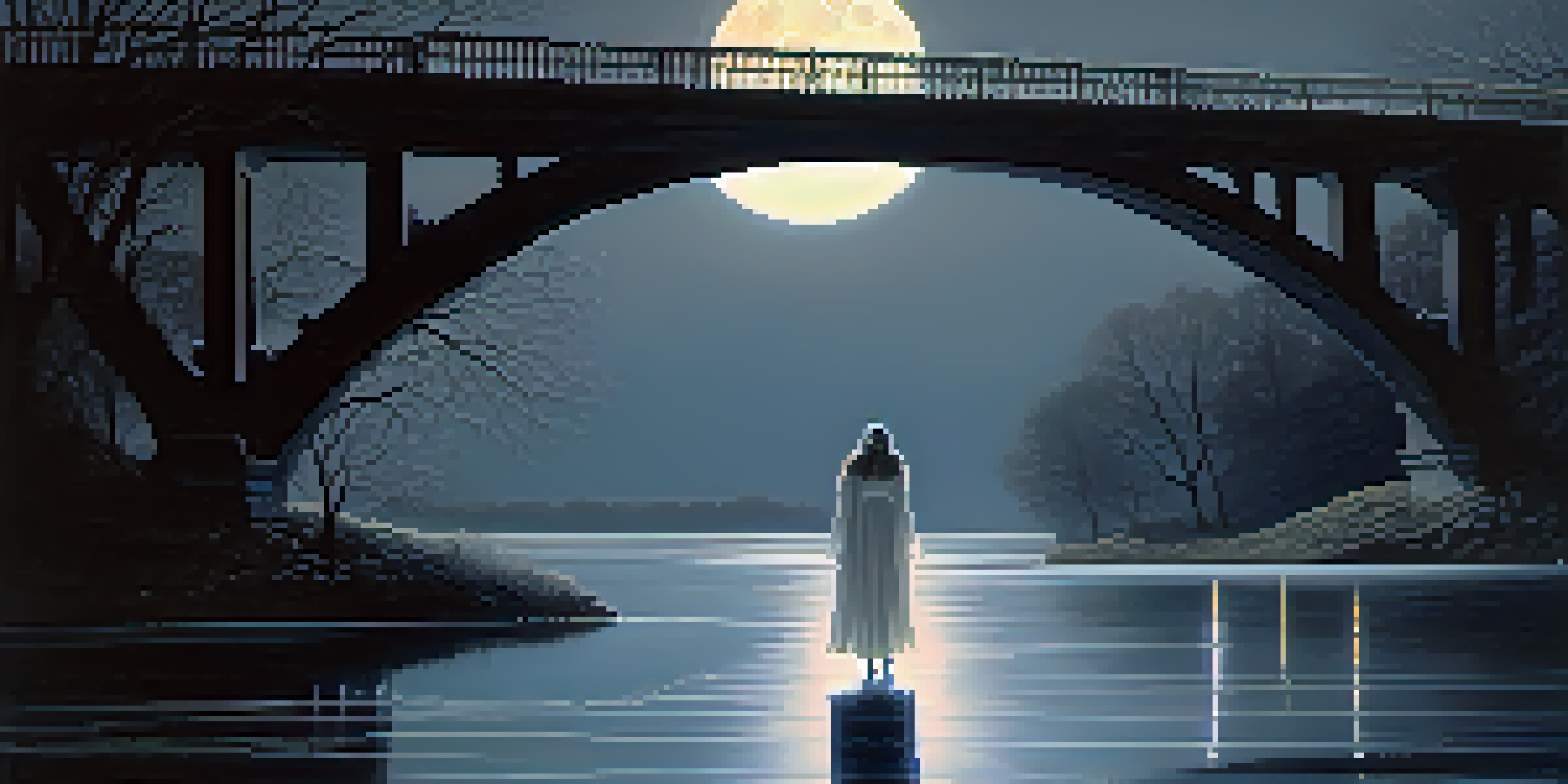 A ghostly woman in white stands at the Gasconade River Bridge at night, surrounded by mist with the moonlight illuminating the bridge.