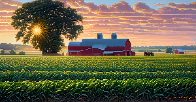 A farmer inspecting alternating rows of corn and soybeans at sunset in Missouri, with a colorful sky and lush green fields.