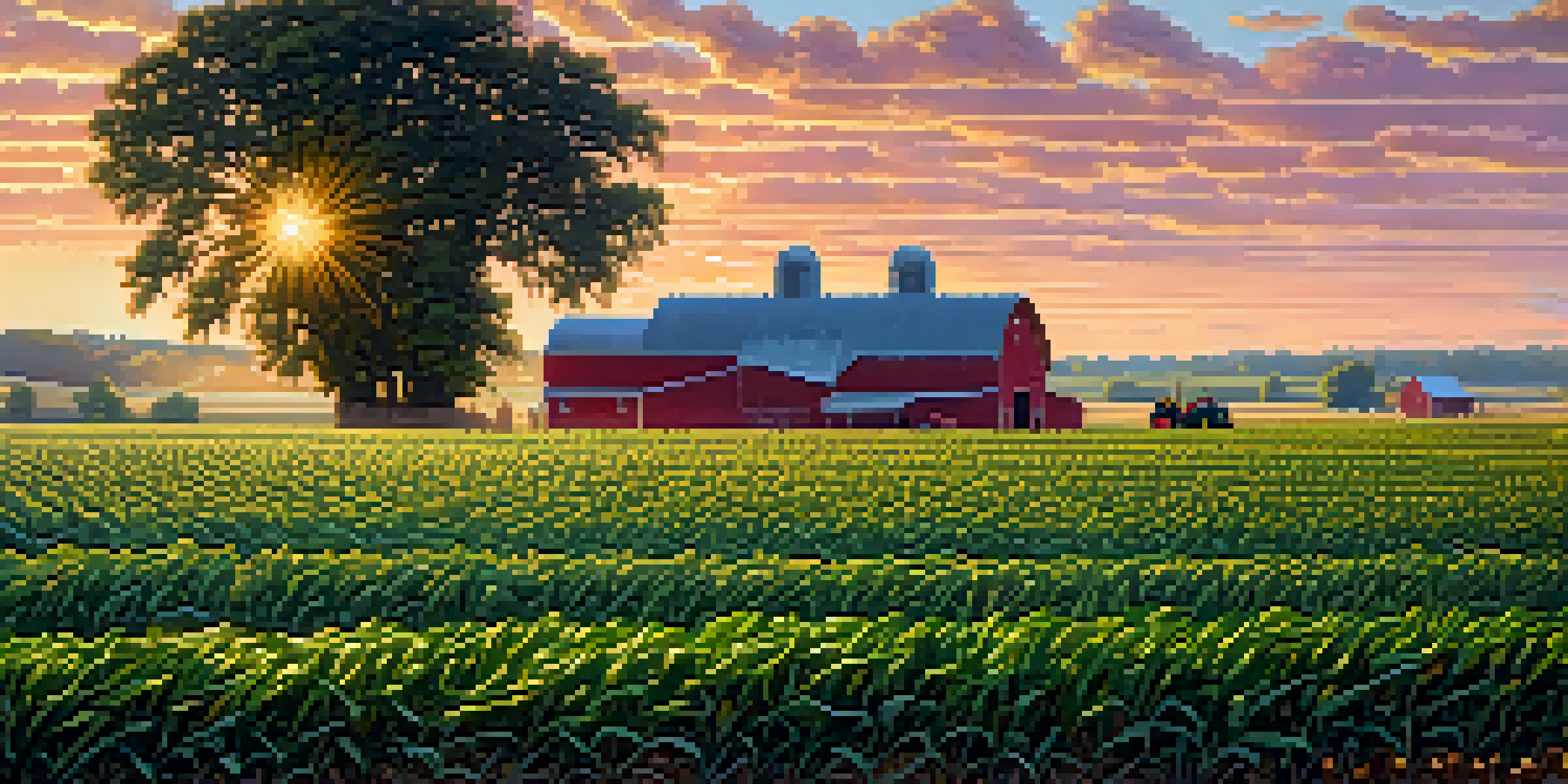 A farmer inspecting alternating rows of corn and soybeans at sunset in Missouri, with a colorful sky and lush green fields.