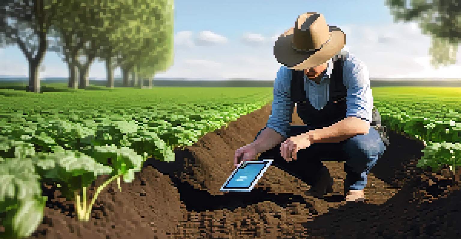 A farmer examining soil samples in a field using a tablet, with detailed textures of soil and plants illuminated by sunlight.