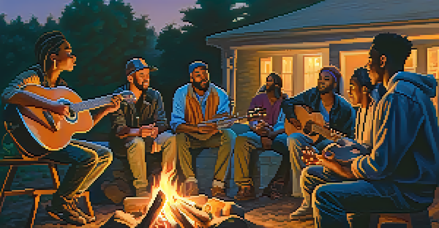 Musicians sitting around a campfire at dusk, playing instruments and sharing stories.
