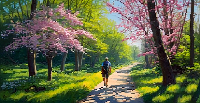 A hiker walking on a vibrant trail surrounded by blooming dogwoods and redbuds under sunny skies.