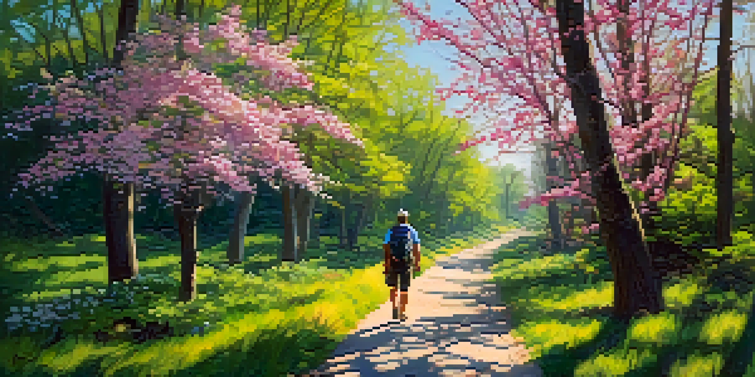 A hiker walking on a vibrant trail surrounded by blooming dogwoods and redbuds under sunny skies.
