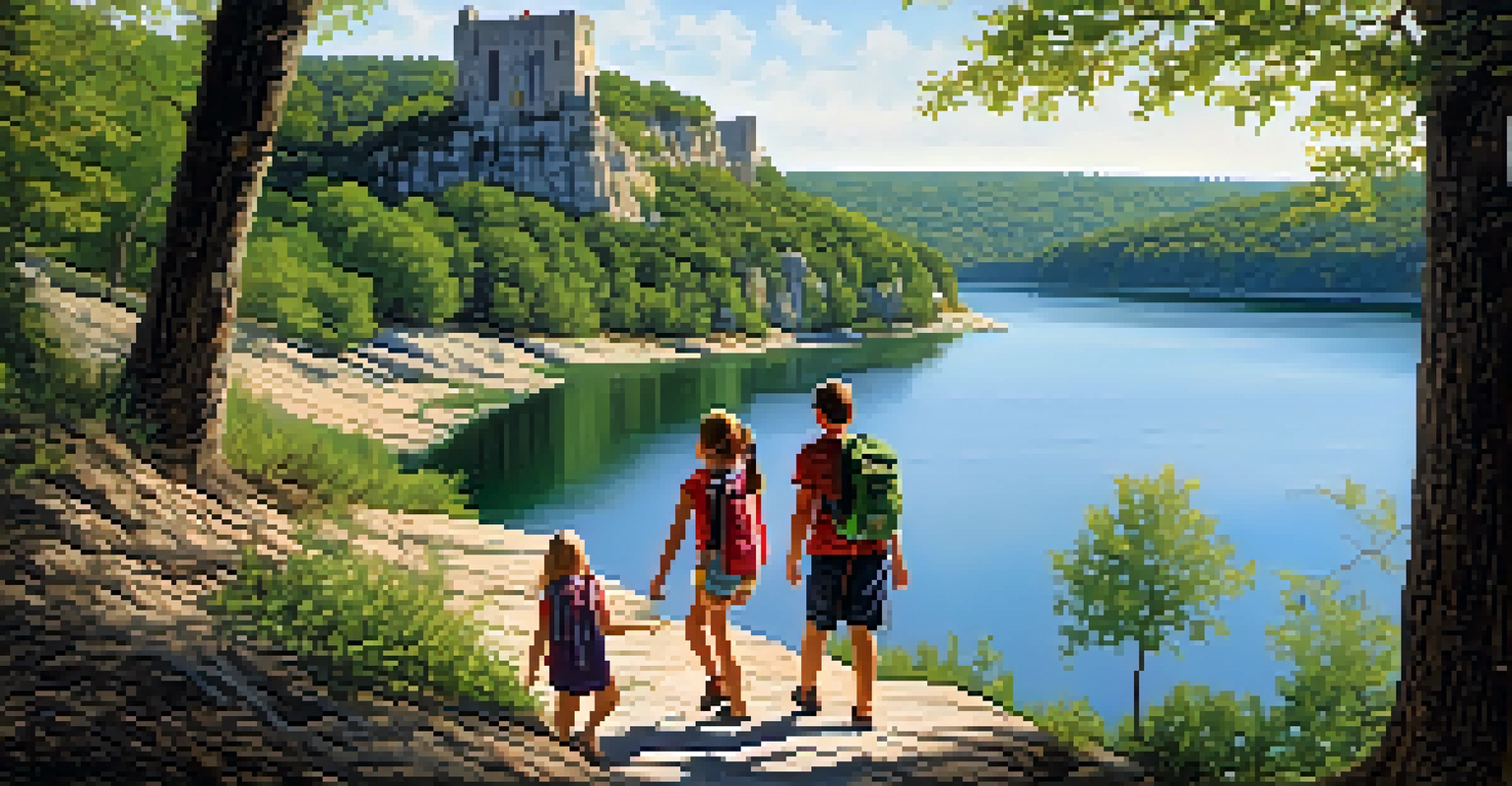 A family enjoying a hike in Ha Ha Tonka State Park with bluffs and an old castle ruin in the background.