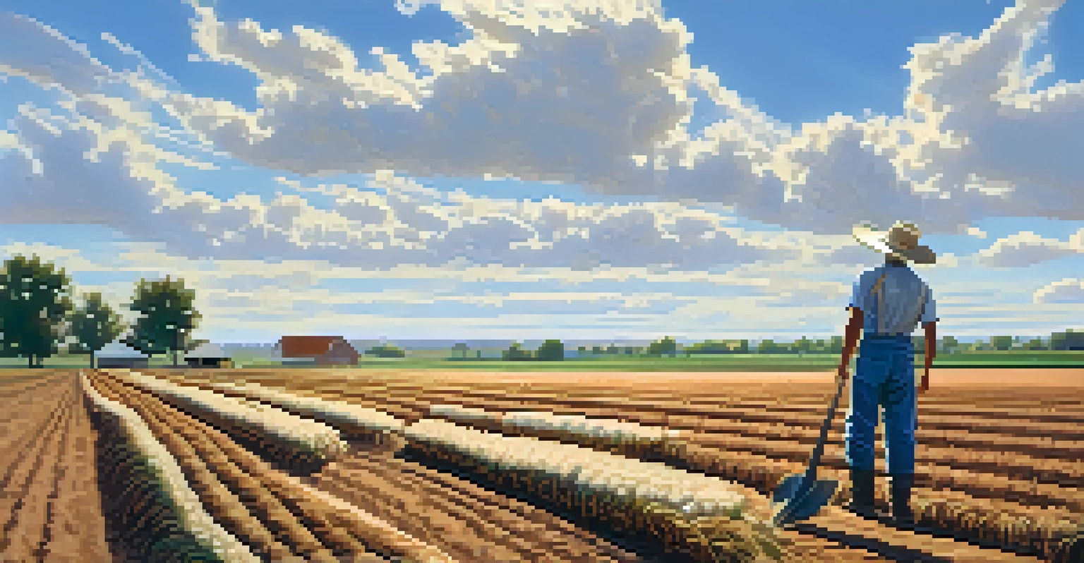 A peaceful farm scene in Missouri with sandy soils and drought-resistant crops under a sunny sky.